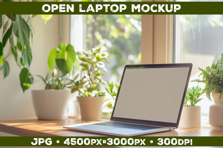 Laptop Mockup on Wooden Desk with Plants and Natural Light
