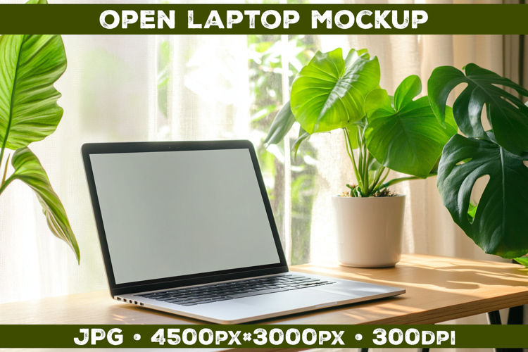 Laptop Mockup on Wooden Desk with Plants and Natural Light