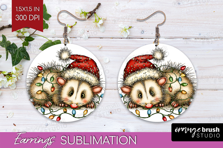 Opossum Tangled In Christmas Lights Round Earrings Funny PNG