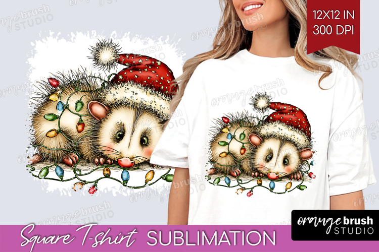 Opossum Tangled In Christmas Lights Square Tshirt Background