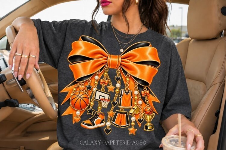 Orange and Black Basketball Bow PNG with Charms example image 1