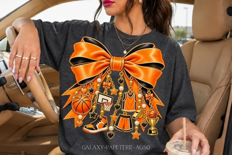Orange and Black Basketball Bow PNG with Charms