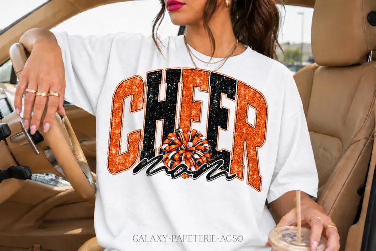 Cheer Mom PNG | Orange Black Glitter Pom Pom Design