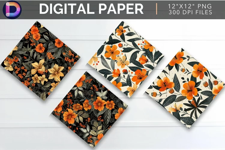 Orange Botanical Flowers Digital Paper