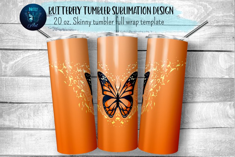 Orange butterfly tumbler wrap sublimation design with on orange gradient seamless background.  20 oz skinny tumbler full wrap png files for download.