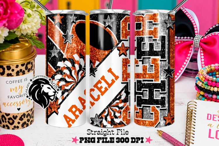 Orange Black Cheer Tumbler PNG | Glitter Wrap example image 1