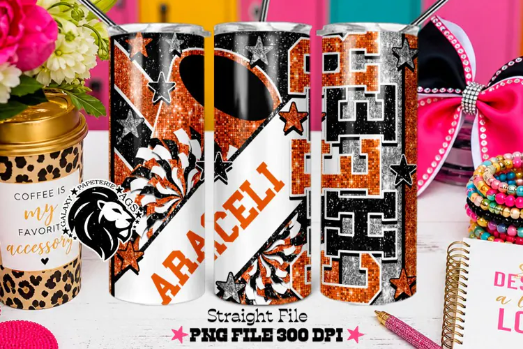 Orange Black Cheer Tumbler PNG | Glitter Wrap