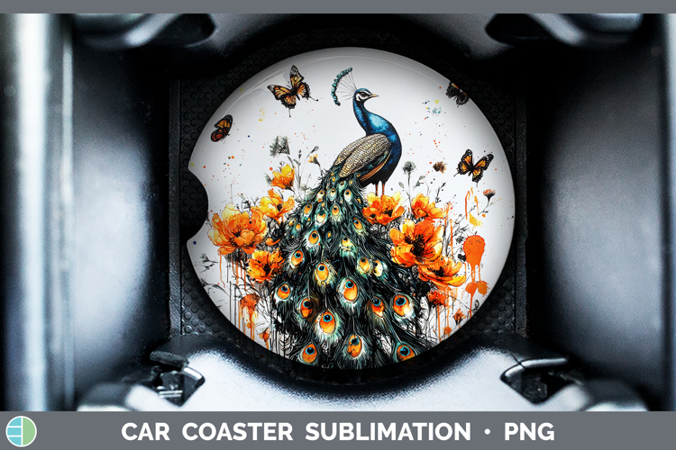 Orange Drips Peacock Car Coaster Sublimation Designs