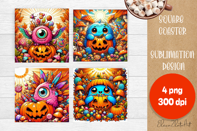 Halloween coaster, neon cute monster square coaster