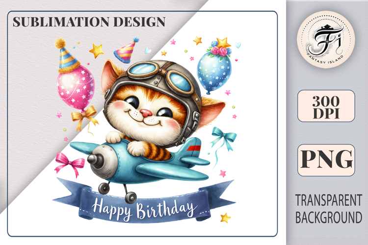 Birthday Cat Pilot Sublimation PNG | Cute Kitten Clipart