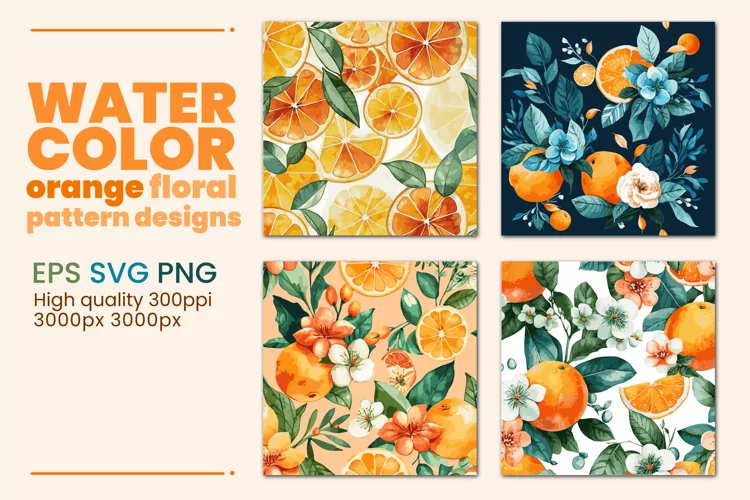 Orange Watercolor Pattern Designs, orange fruit patterns