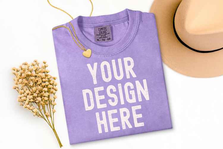 Comfort Colors C1717 Orchid Shirt Mockup, Flat Lay Mockup