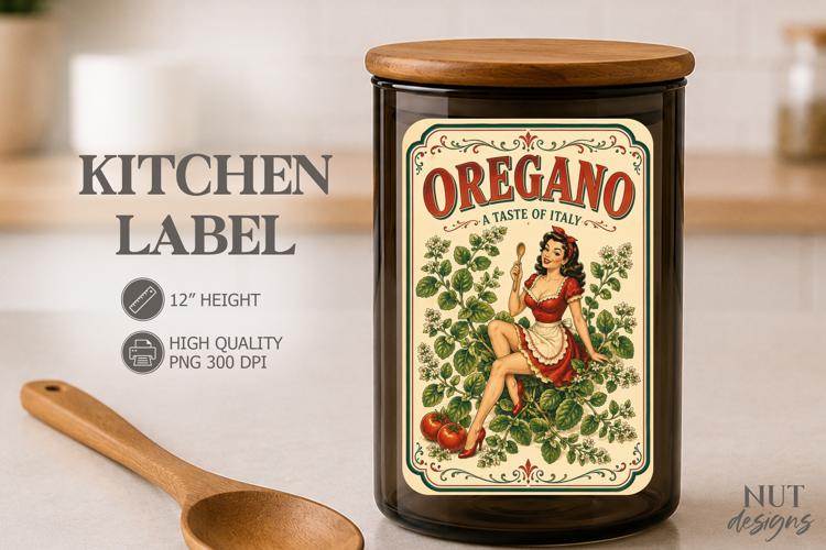 Pin up girl Vintage Oregano Spice Kitchen Label pantry label