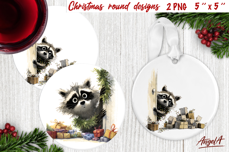 Christmas round coaster Cute Animal ornament Peeping raccoon