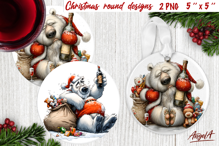 Christmas round coaster Humor ornament Funny polar bear PNG