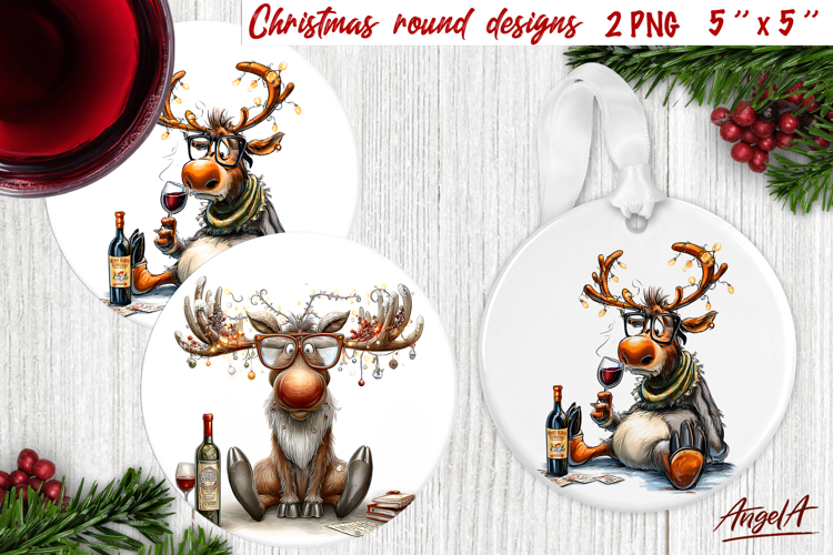 Christmas round wine coaster Humor ornament Funny reindeer