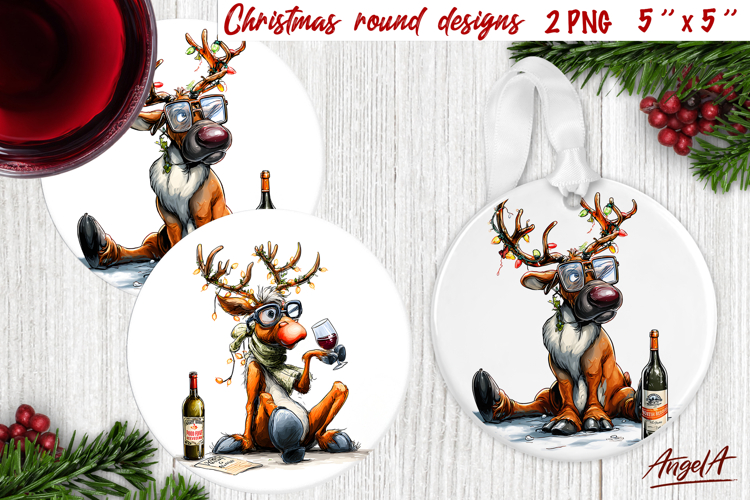 Christmas round wine coaster Funny reindeer Humor ornament