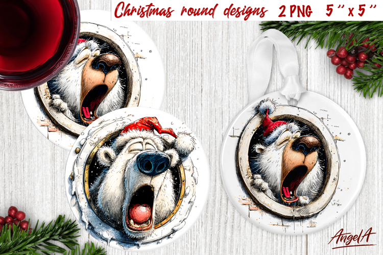 Christmas round coaster Humor ornament Polar bear head PNG
