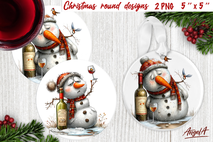Christmas round coaster Humor adult ornament Snowman wine