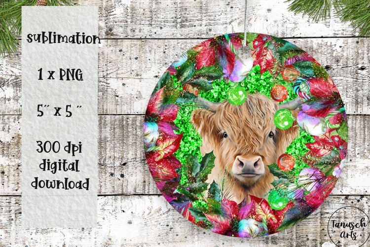 Christmas Highland cow   Poinsettia ORNAMENT SUBLIMATION
