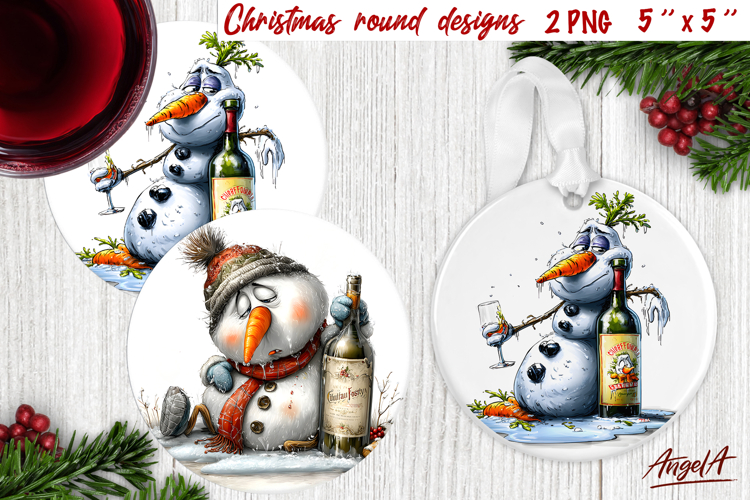 Christmas round coaster Humor adult ornament Snowman wine