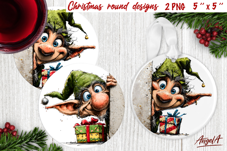 Christmas round coaster Humor ornament Peeping elf face PNG