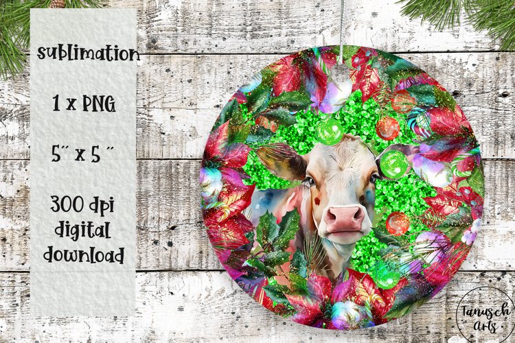 Christmas watercolor cow   Poinsettia ORNAMENT SUBLIMATION