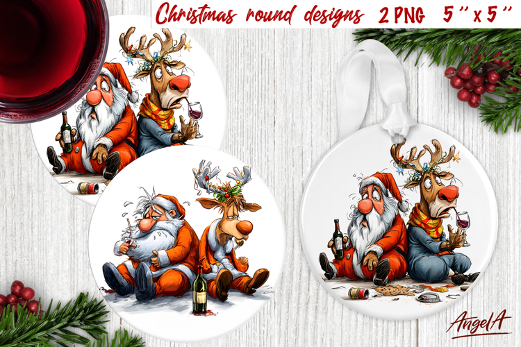 Christmas round coaster Santa reindeer Humor adult ornament