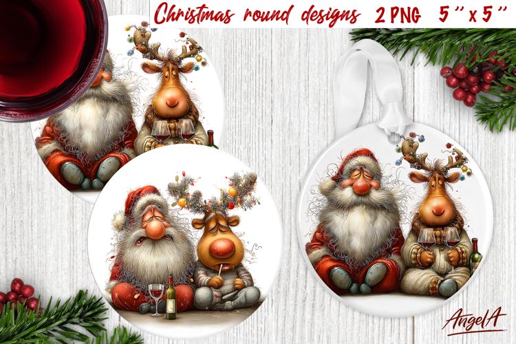 Christmas round coaster Santa reindeer Humor adult ornament