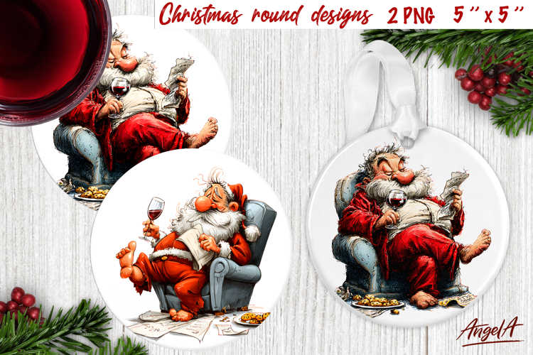 Christmas round coaster Santa drinking wine Humor adult PNG