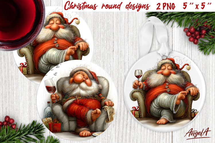 Christmas round coaster Santa drinking wine Humor adult PNG