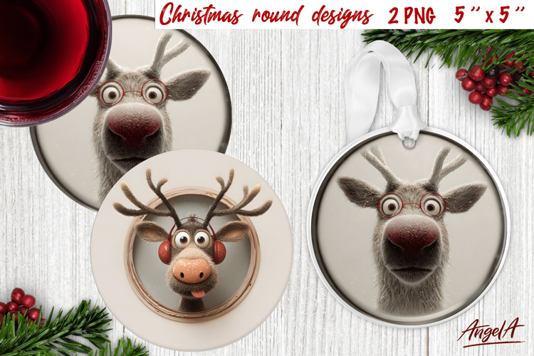 Christmas round coaster Humor adult ornament Reindeer Face