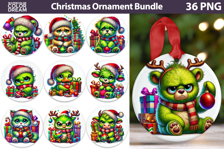 Green Grumpy Animals Ornament | Christmas Ornament Bundle