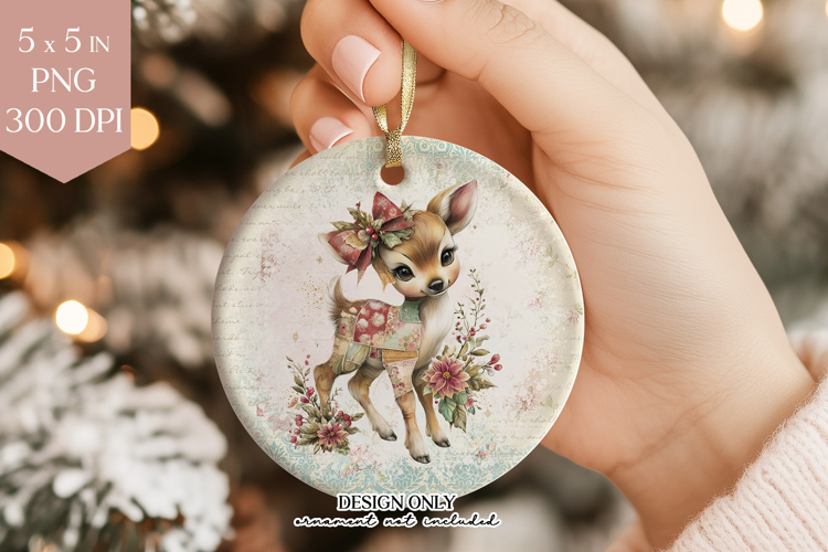 Floral Fawn Christmas Ornament PNG