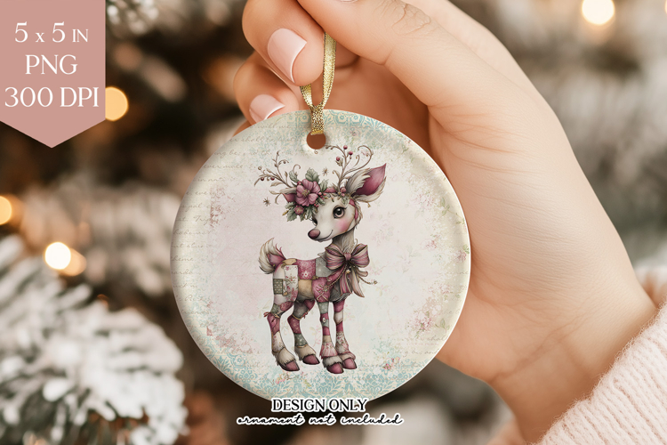 White Reindeer Floral Ornament PNG