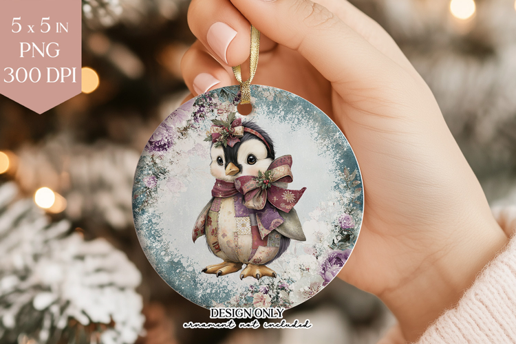 Patchwork Penguin Holiday Ornament PNG