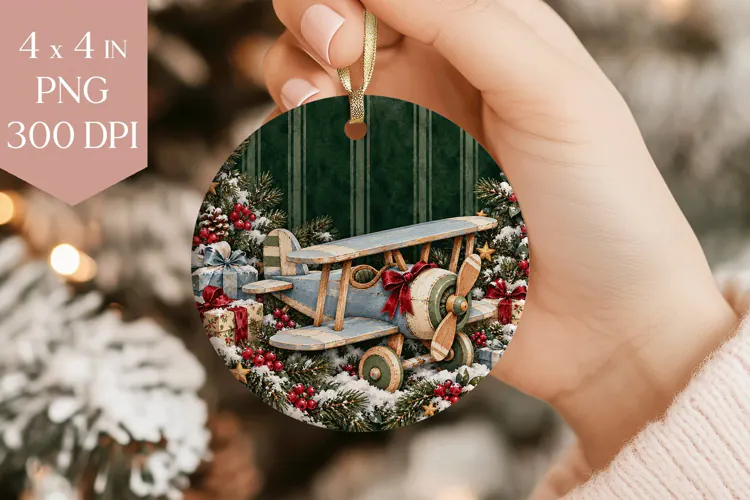 Vintage Airplane Christmas Ornament PNG