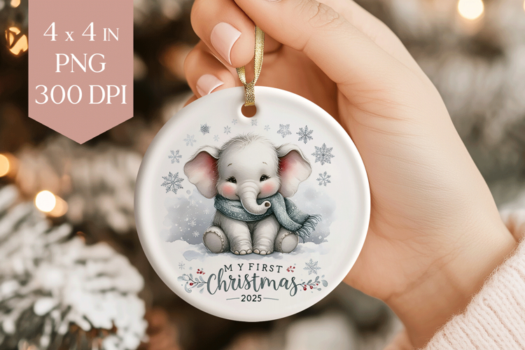 Elephant My First Christmas 2025 Ornament PNG