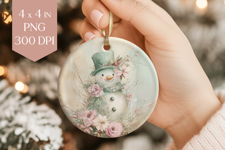 Watercolor Snowman Sublimation PNG - Round Ornament Art