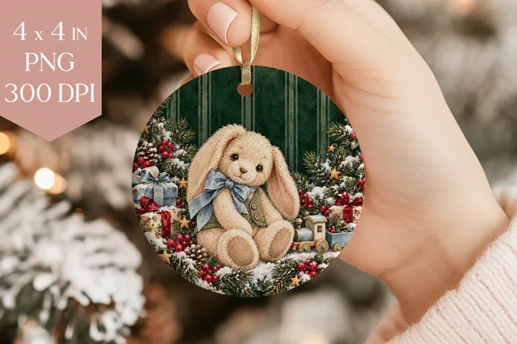 Vintage Toy Bunny Christmas Ornament PNG