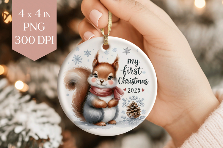 Squirrel My First Christmas 2025 Ornament PNG