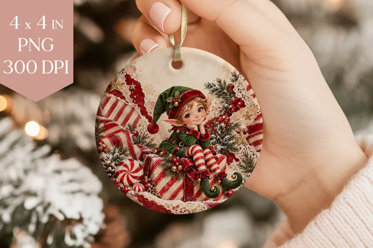 Vintage Christmas Elf Ornament PNG