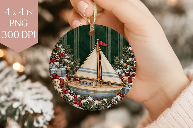 Vintage Sailboat Christmas Ornament PNG