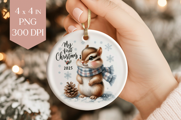 Chipmunk My First Christmas 2025 Ornament PNG