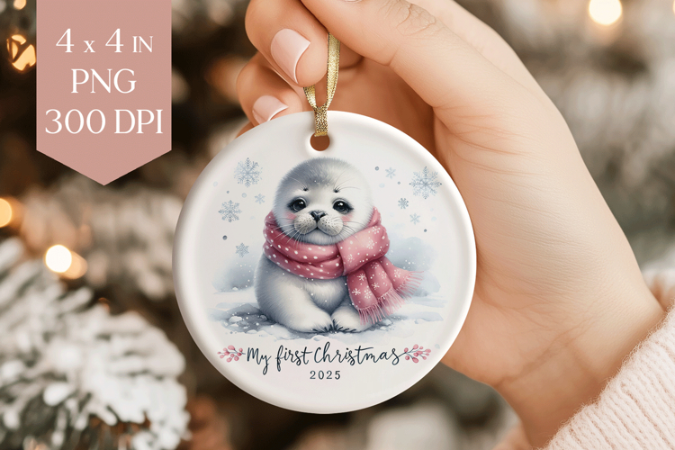 Baby Seal My First Christmas 2025 Ornament PNG