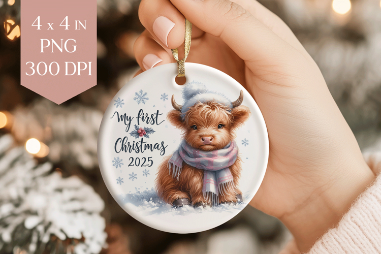 Highland Cow My First Christmas 2025 Ornament PNG