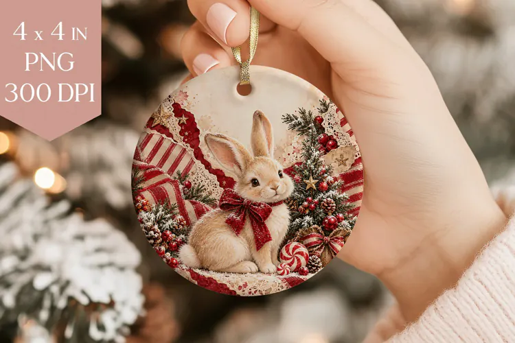 Red Vintage Bunny Christmas Ornament PNG