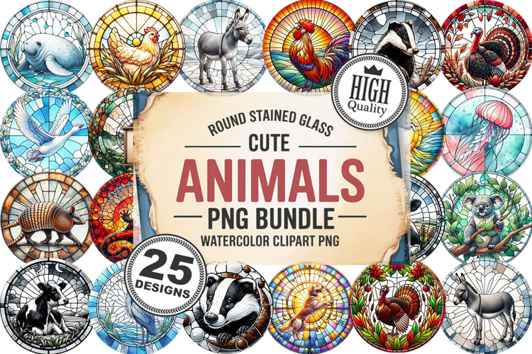 Cute Animals Round Stained Glass PNG Bundle, 25 Designs