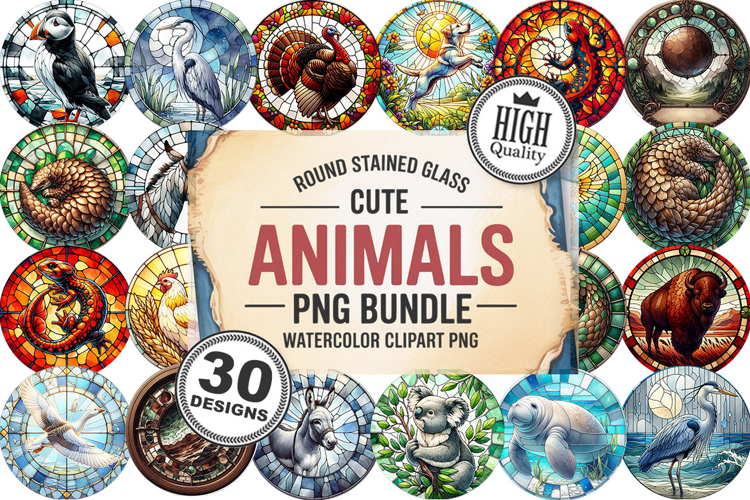 Cute Animals Round Stained Glass PNG Bundle, 30 Designs