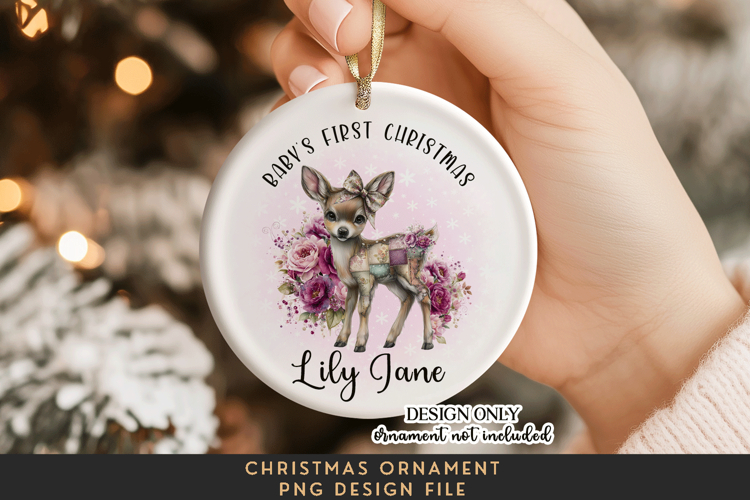 Patchwork Deer First Christmas Ornament PNG Floral